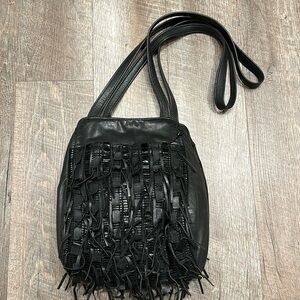 East West designs, Narda collection black leather/fringe hobo shoulder bag purse
